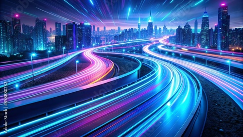 Sleek, modern, futuristic digital highway with vibrant, swirling streams of bright blue and purple light representing rapid data transmission and information flow.,hd,8k.