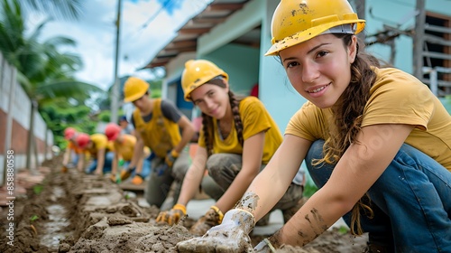 Group of young volunteers from different countries building houses in an underdeveloped community, using tools and teamwork, representing global assistance and the power of charity on the