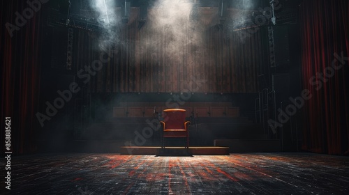 An empty theater stage with a single chair under dramatic lighting, creating a moody, atmospheric scene.