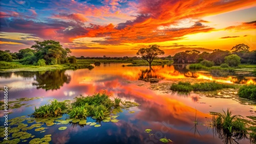 Vibrant orange and pink hues illuminate the serene waters and lush vegetation of the pantanal wetlands at sunset in mato grosso do sul, brazil.,hd,8k.