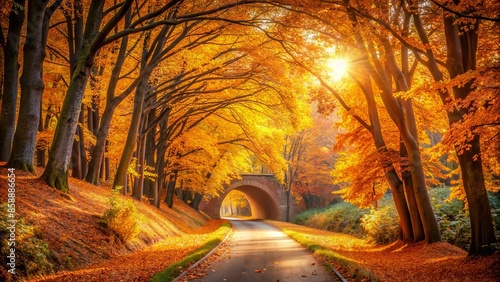 Vibrant orange and yellow hues dominate the serene landscape as a winding pathway disappears into a tunnel of majestic autumn trees, bathed in warm golden light.,hd,8k.