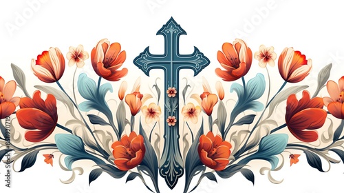 Ornate cross with tulips, flat design, front view, elegant theme, watercolor illustration, Triadic Color Scheme