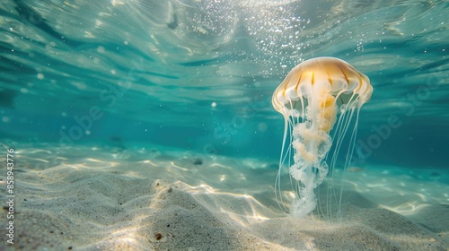 Jellyfish swimming solo underwater with sandy bottom backdrop