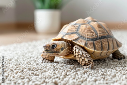 Close up of a turtle moving at a slow pace across the soft and cozy living room carpet