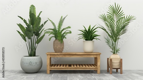 3D rendering of three different plants in pots on a wooden cabinet and bench against a white background
