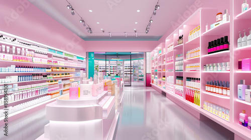 A sleek and modern beauty store with pink decor, showcasing a vast array of colorful skincare and cosmetic products on gleaming white shelves.