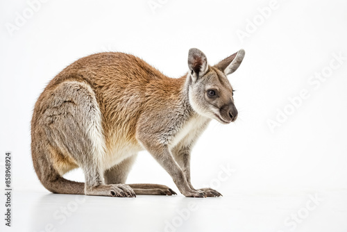 Adorable brown and grey wallaby sitting on a white background