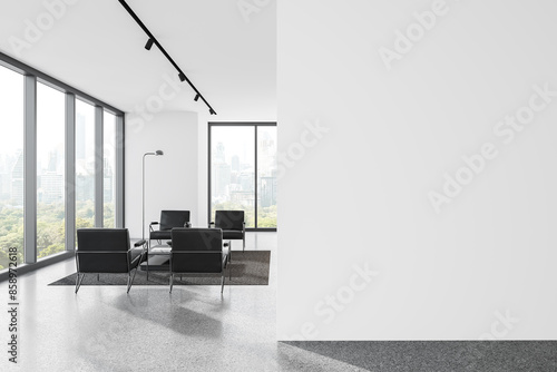Modern office waiting room with black chairs and a cityscape view, on a spacious white wall background. Reception area concept. 3D Rendering