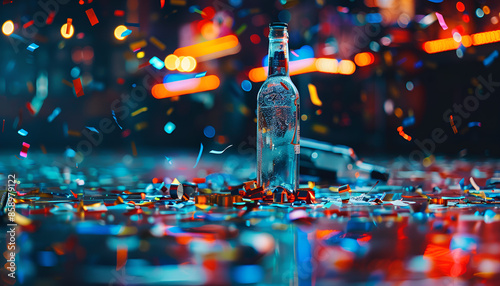 colorful conffetti on the floor, with bottle of ron in middle of scene, party ambientation, realistic photography, cinematic lightning