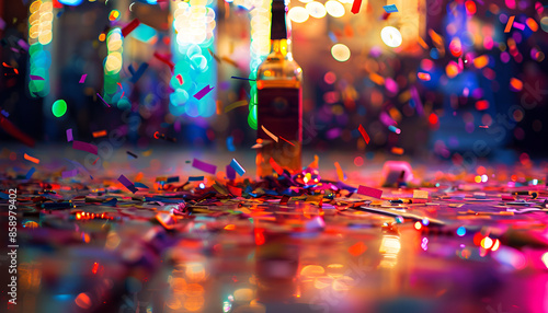 colorful conffetti on the floor, with bottle of ron in middle of scene, party ambientation, realistic photography, cinematic lightning