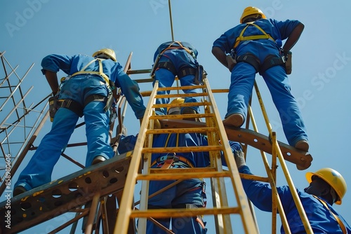 Construction Workers Assembling Scaffolding at Height, assembling scaffolding at considerable height