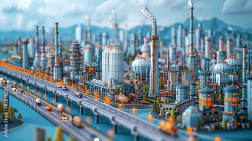 Detailed paper craft illustration of a vast industrial complex, featuring storage tanks, chimneys, and pipelines, adjacent to a modern cityscape filled with heavy traffic and technological