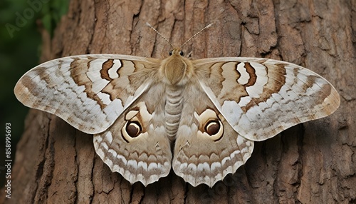 Elegant Silk Moth Resting on Tree Bark