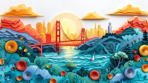 A vibrant papercraft view of San Francisco, with the Golden Gate Bridge, Alcatraz Island, and Lombard Street, showcasing the city's iconic landmarks and scenic beauty. Illustration, Minimalism,