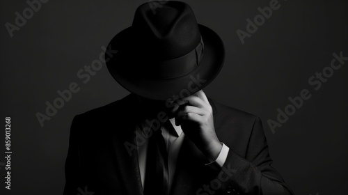 Silhouette of Man in suit hiding face behind his hat isolated on dark background. secret and incognito concept