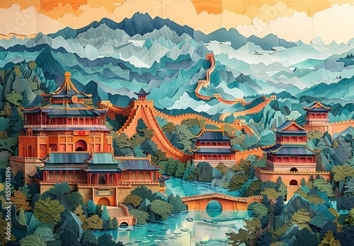 A stunning paper craft representation of Beijing, China, highlighting the grandeur of the Forbidden City, the Temple of Heaven, and the iconic Great Wall snaking through the mountains. Illustration,