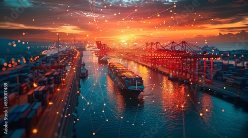 A container ship moored in a bustling port at sunset, illuminated by modern data-driven technologies represented by glowing nodes enhancing the efficiency of maritime logistics.