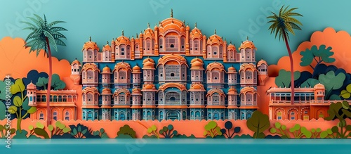 Meticulously crafted paper cut illustration of Jaipur's Hawa Mahal, highlighting the intricate latticework and vibrant faÃ§ade of this iconic palace in a detailed style. Illustration, Minimalism,