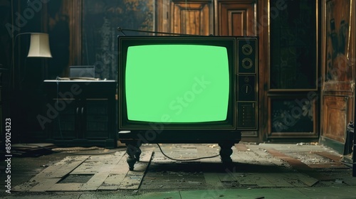 Front view Retro old television with chroma key green screen standing in a dark room