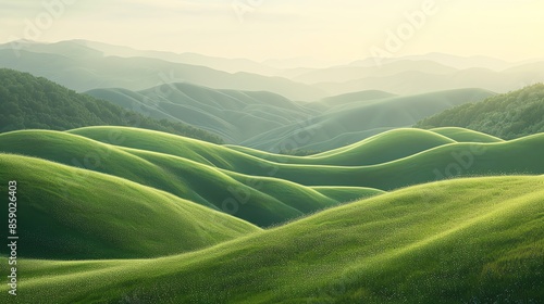 Rolling green hills and valleys in the countryside.