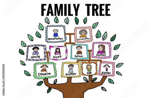 Hand drawn picture of picture cards about family tree vocabulary Cartoons with frames. Illustration for education. Concept, English teaching, Family members lesson. Educational material. Teaching aid.