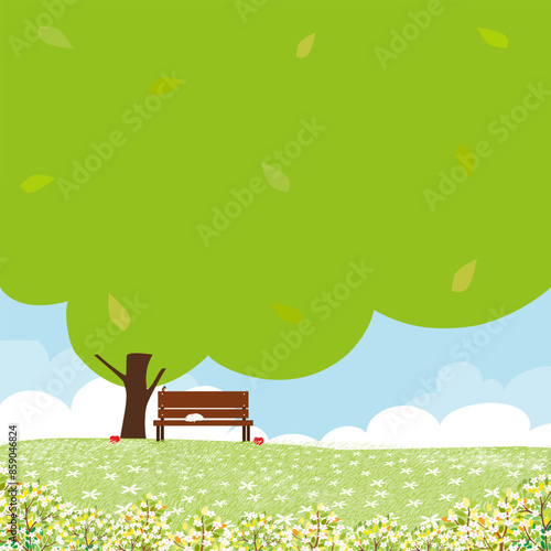 Spring Landscape flower field with cat sleeping on bench under tree in Park,Vector illustration cartoon Forest green grass meadow on hill with cloud blue sky,Nature village Farm in sunny day summer