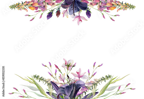 Hand drawn watercolor illustration botanical flowers leaves. Lily clivia amaryllis, foxglove snapdragon lupin, pink lobelia jasmine, willow eucalyptus. Frame isolated on white. Design wedding, cards