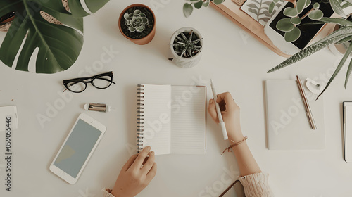 Person journaling in notebook with peaceful desk setup