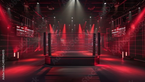 Empty boxing ring with colorful lights, high angle view