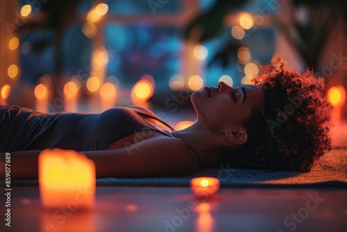 An image of a person practicing progressive muscle relaxation lying on a comfortable mat The room is softly lit with a peaceful ambiance The individual is following guided instructions to tense and