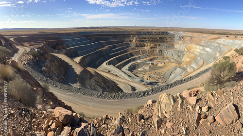 Perspective of an open-pit gold mine showing the mining pit and waste embankments.