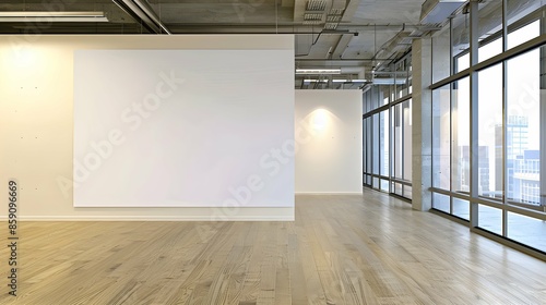 A large white wall was in an office with light wooden floors and a modern design with glass walls. A mockup of the blank space was displayed. The room had concrete ceilings and lighting from windows 