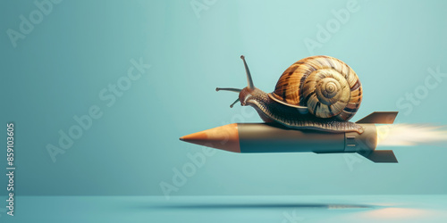 Snail riding missile as speed up concept. AI generative art 