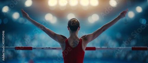 Detailed shot of a gymnast performing on parallel bars, vibrant leotard, sharp clarity, dynamic movement, realistic lighting, blurred crowd, high definition