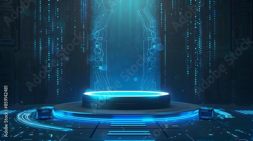 Vector illustrations of Futuristic digital technology stage with glowing blue pedestal podium stage layout for hi tech showcase.Digital tech concept.