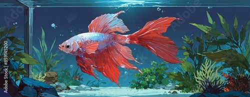 Betta fish swimming in aquarium fish Illustrations.