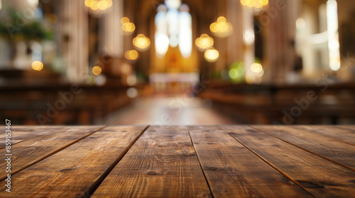 a close up of a empty wooden table with church background 