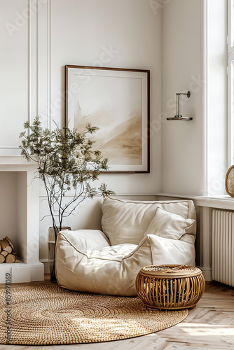 Bean bag chair in corner. Scandinavian, boho interior design of modern living room.