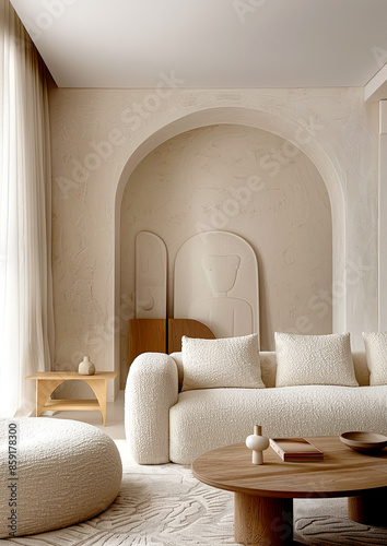 Beige boucle sofa and pouf against arch stucco wall. Minimalist, japandi interior design of modern living room.