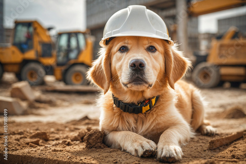 A golden retriever puppy at work in a construction zone.