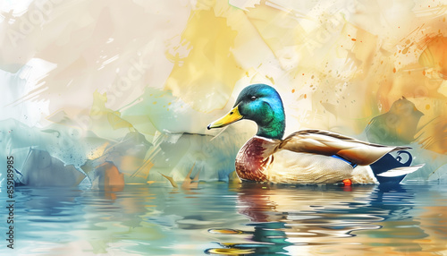 illustration watercolor of a mallard duck swims peacefully on a tranquil blue wetland.