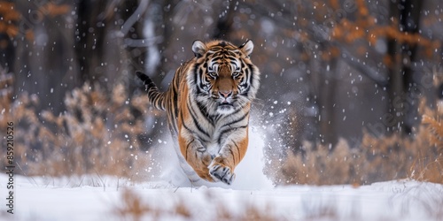 Tiger in wild winter nature. Amur tiger running in the snow. Tajga, Russia. Tiger in wild winter natural habitat. Amur tiger running fast in the snow with snow flying. Action wildlife with danger