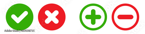 Set of check mark, x mark, plus sign and minus symbol icons in circle shape.