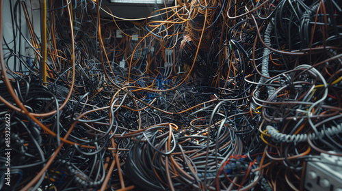 A server room choked with an overwhelming number of tangled cables, demonstrating the chaos and difficulty of managing network infrastructure.