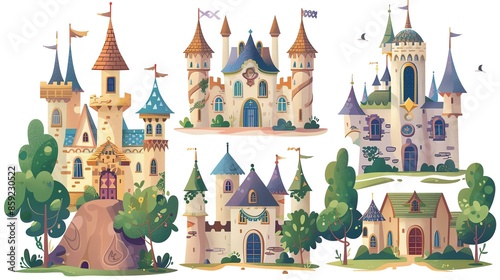 A vector illustration of a set of five fairytale castles.