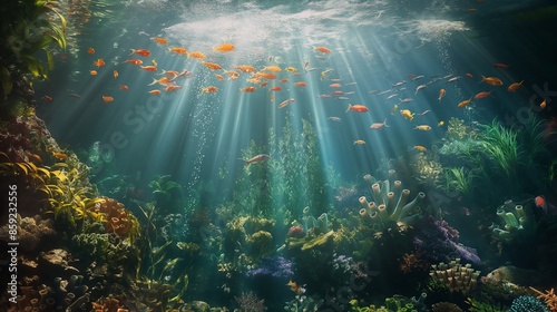  A stunning underwater world showcasing a diverse array of sea life, including bright corals, colorful fish, and swaying marine plants on the ocean floor, all illuminated by soft, natural light. 