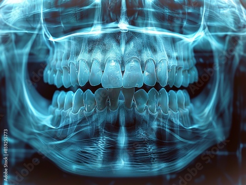 A digital rendering of a human jawbone with teeth