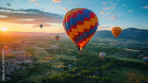 Colorful hot air balloons soaring over picturesque landscapes with sunrise lighting