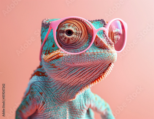 Colorful friendly adorable chameleon lizard, stylish pink and light blue colors with glasses posing on matching background, trendy and vibrant fashion accessory concept for beauty and art enthusiasts