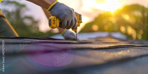 Installation of Asphalt Shingles on Home by Roofing Contractor Using Nail Gun. Concept Roofing Installation, Asphalt Shingles, Nail Gun, Contractor, Home Renovation